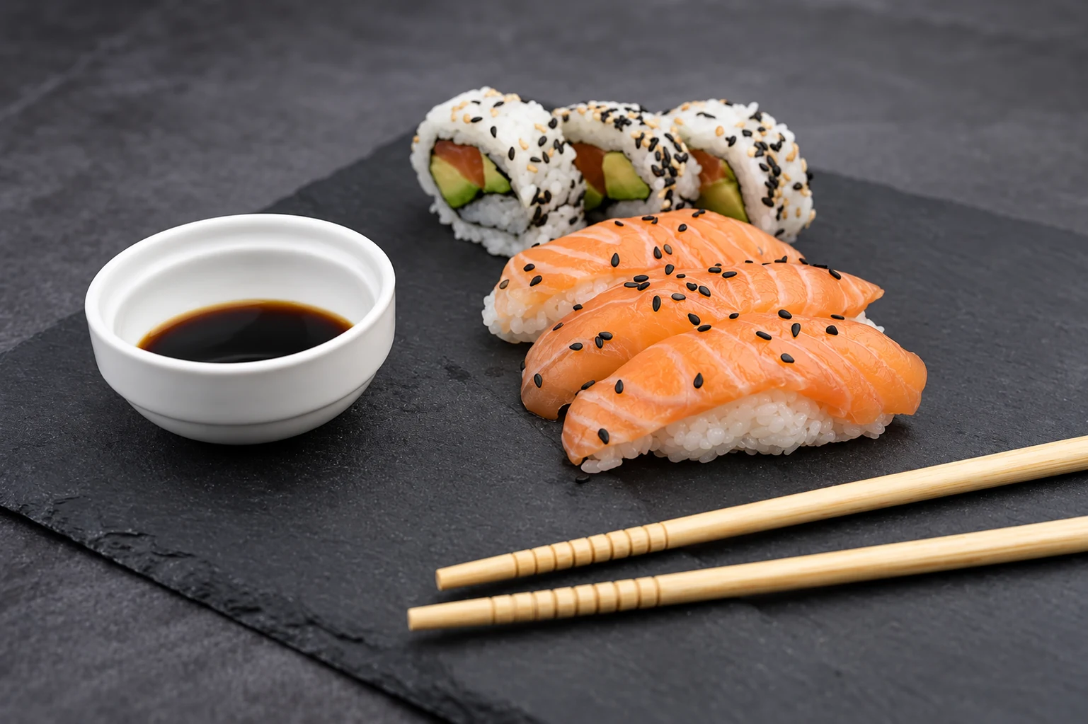 Sushis au saumon et california rolls servis sur une ardoise